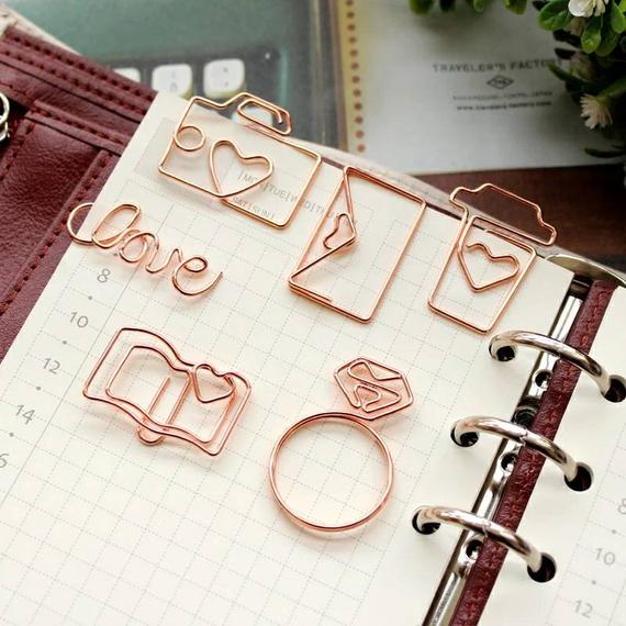 5x Rose Gold Paper Clips Coffee Paper Clip Envelope Paper Clip Love Paper Clip Camera Paper Clip Heart Paper Clip Diamond Ring by MyTeachersCupboard