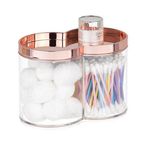 mDesign Divided Bathroom Vanity Countertop Canister Jar with Recessed Storage Lid - Stackable - Double Compartment Organizer for Q tips, Cotton Balls, Beauty Blenders, Bath Salts - Clear/Rose Gold