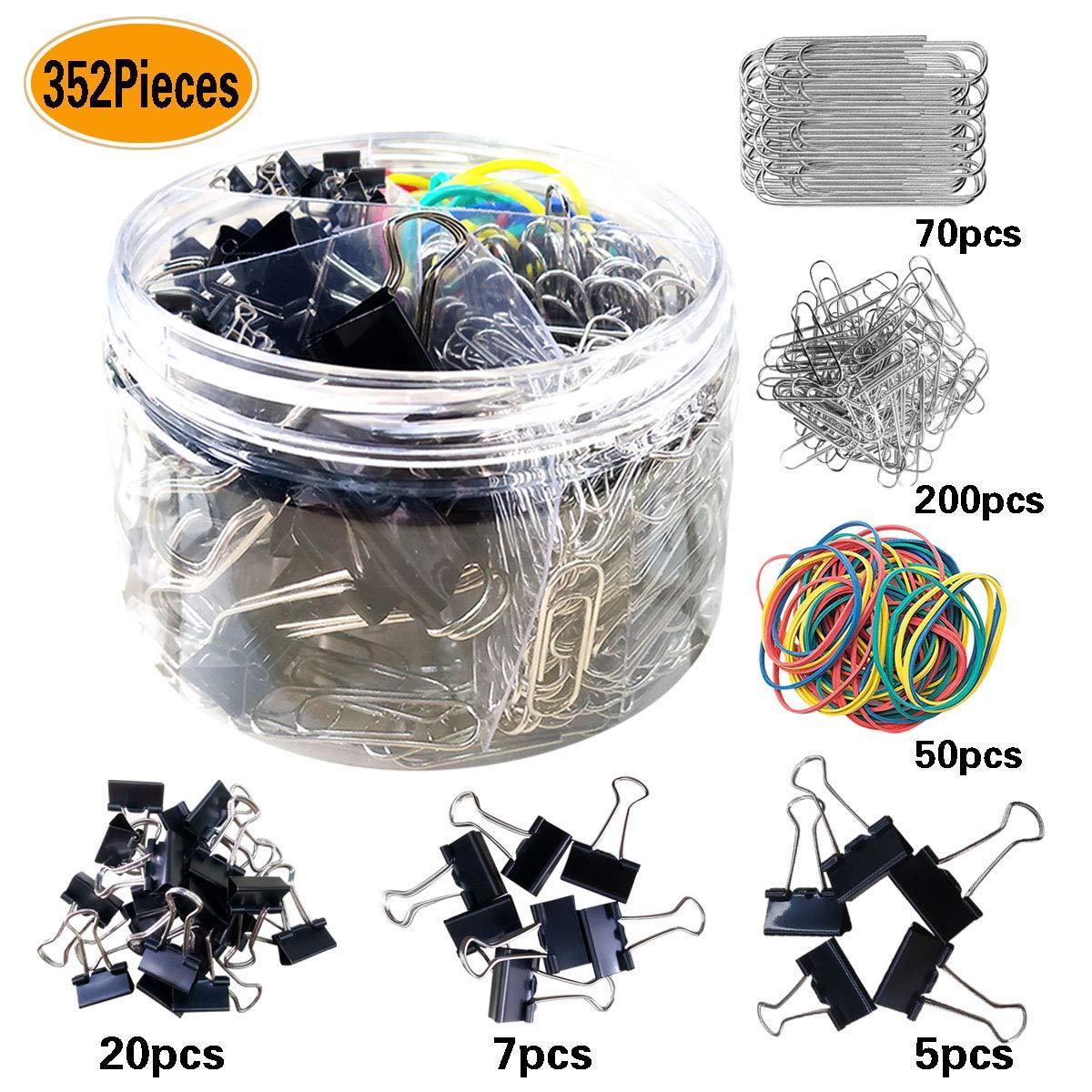 352 Pieces Assorted Black Mediuml/Small/Mini/Binder Clips, Jumbo/Small Sliver Paper Clips, Muti-Colored Rubber Bands, for Office School Clips and Personal Document Organizing